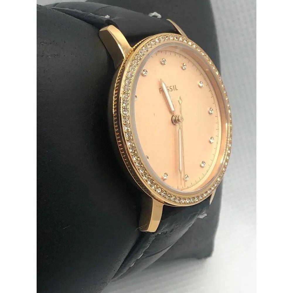 Fossil ES4365 Womens Black Leather Analog Rose Gold Dial Quartz Wrist Watch KS18